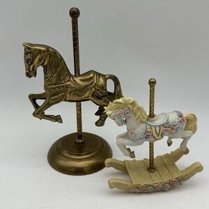 Lot Of 2 Vintage Carousel Horses Brass And Enamel Decor Kids Room